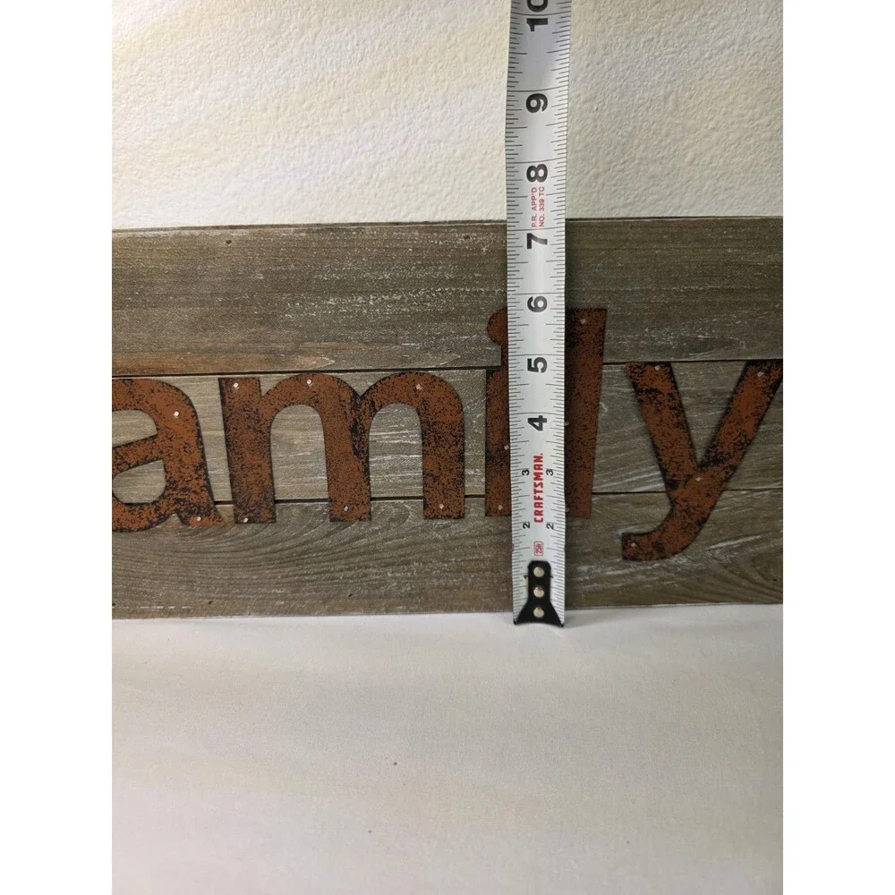 Farmhouse Wood & Metal Family Sign Distressed Country Wall Decor Shelf Sitter